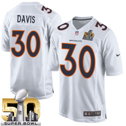 Nike Broncos #30 Terrell Davis White Super Bowl 50 Men's Stitched NFL Game Event Jersey
